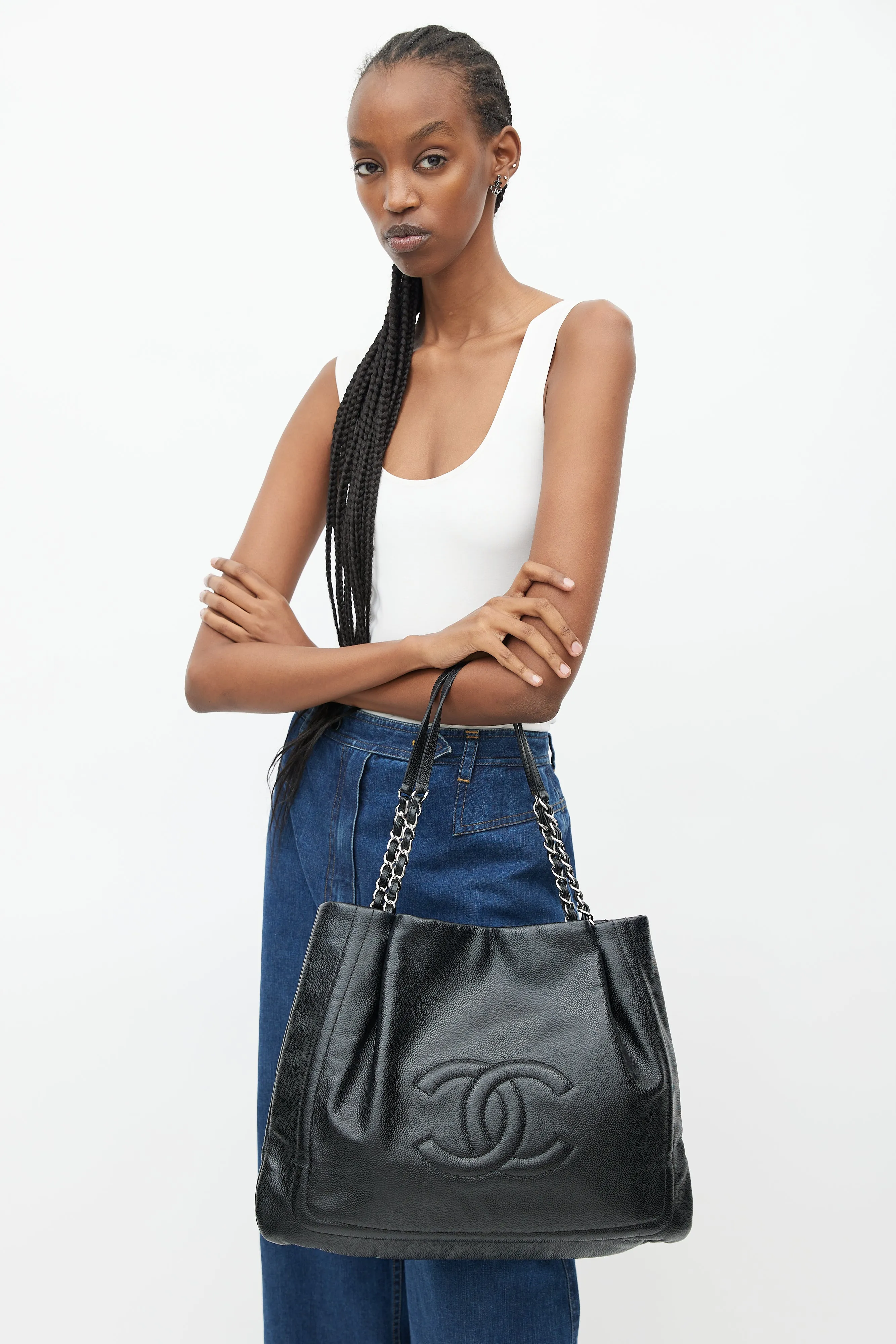 2011 Black Leather Pleated Timeless Tote Bag