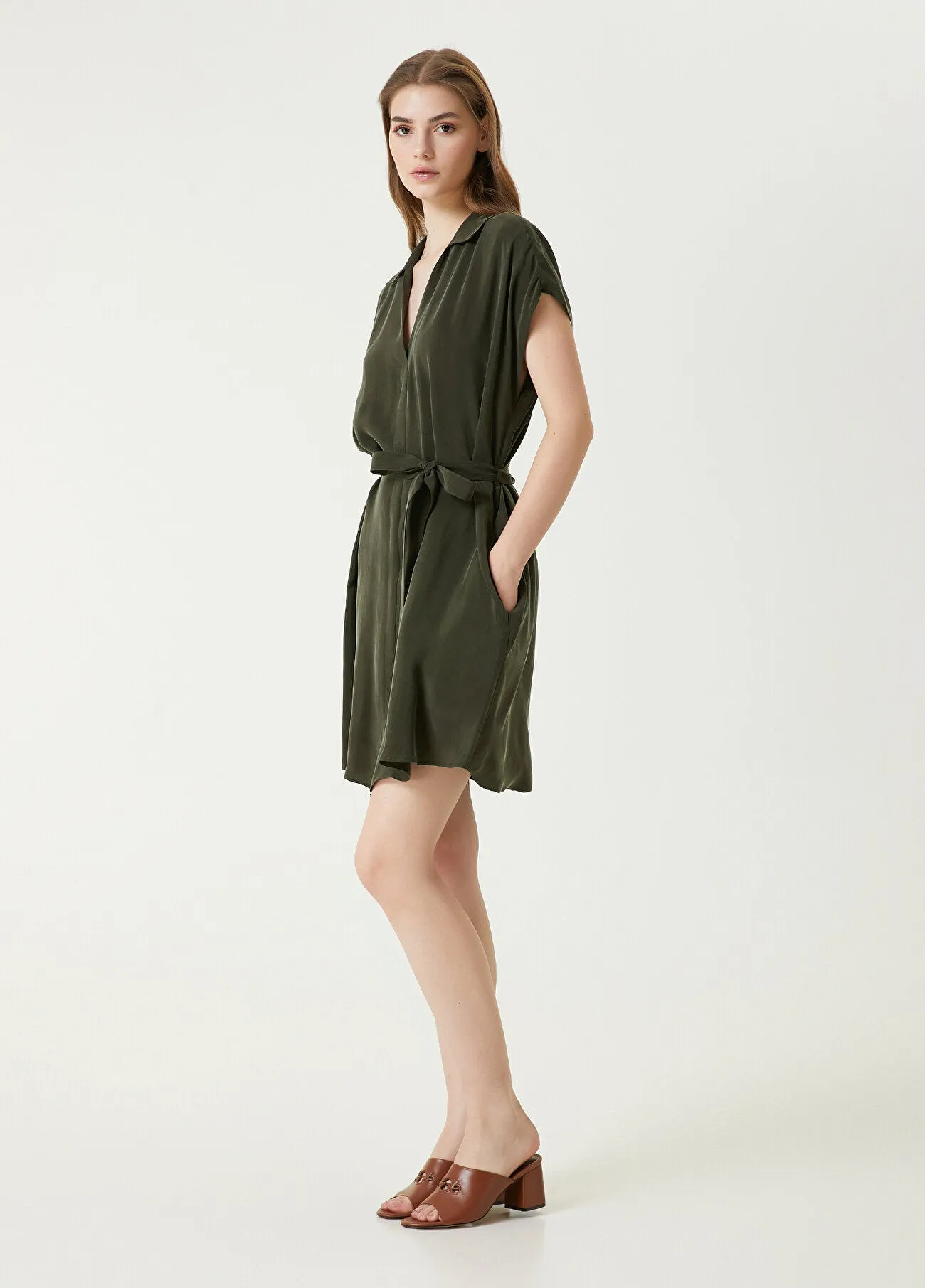 Beymen Club Cupro Belted Mini Dress Khaki
