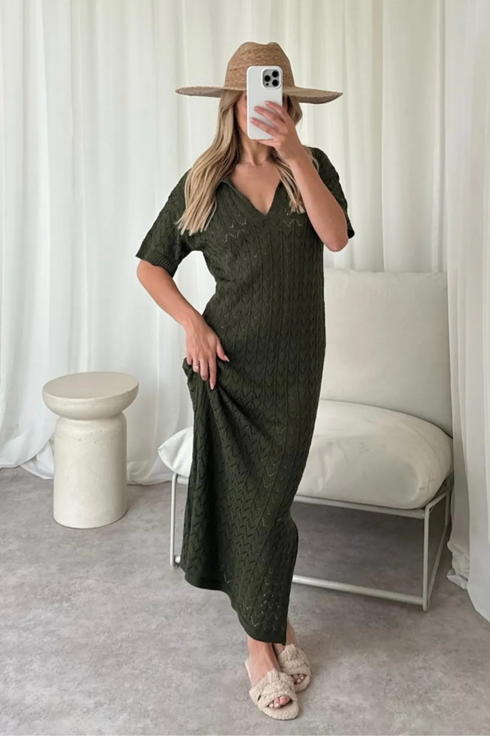 Eden khaki crochet knit midi polo dress