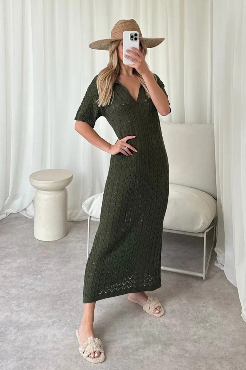 Eden khaki crochet knit midi polo dress