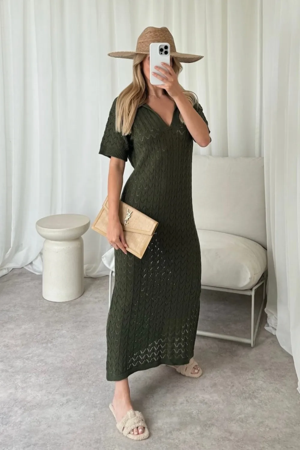 Eden khaki crochet knit midi polo dress