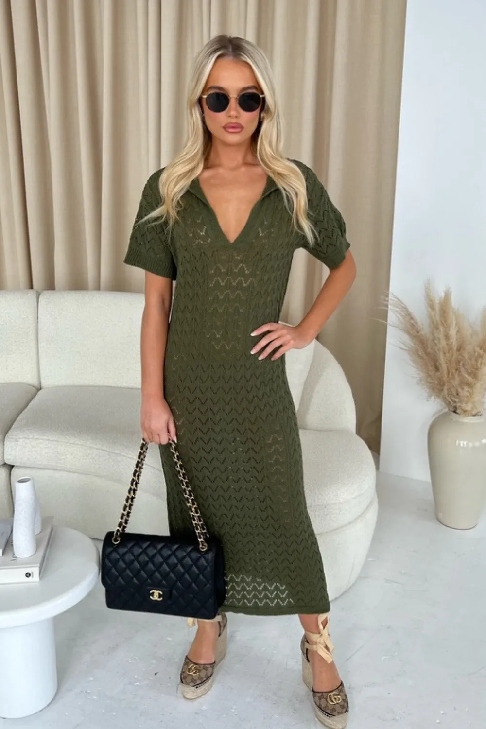 Eden khaki crochet knit midi polo dress