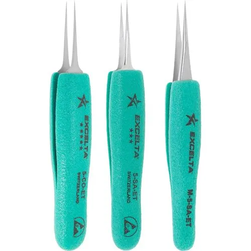 Excelta 5-S-ET ESD-Safe Stainless Steel Tweezer with Ergo Grips & Tapered Tips