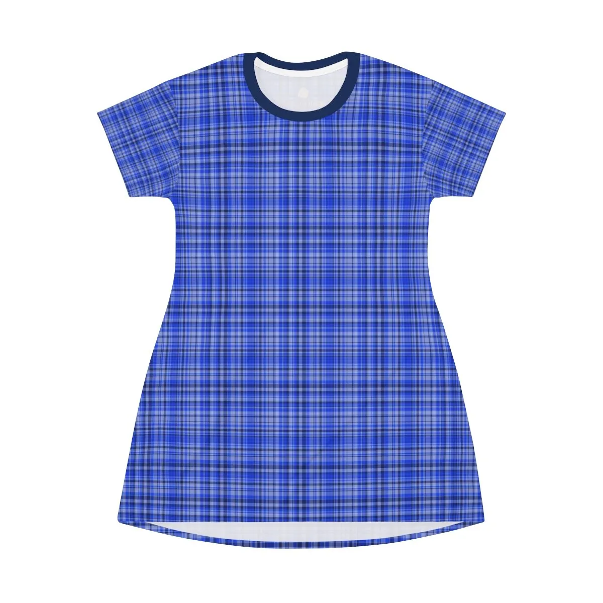 Preppy Blue Plaid T-shirt Dress, Best Plaid Tartan Print Designer Crew Neck Long T-shirt Dress-Made in USA