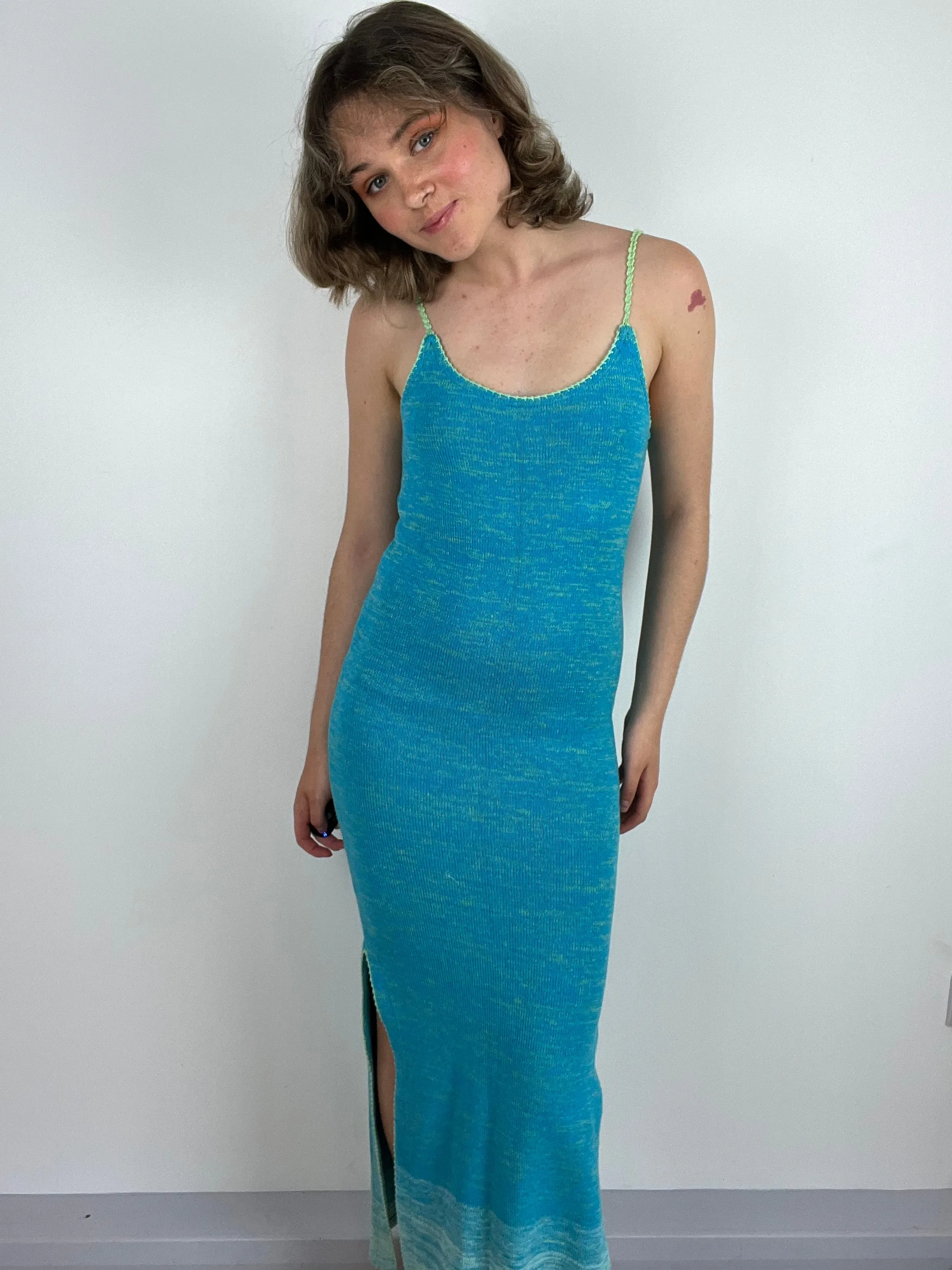 Vintage Teal Blue Knit Maxi Dress